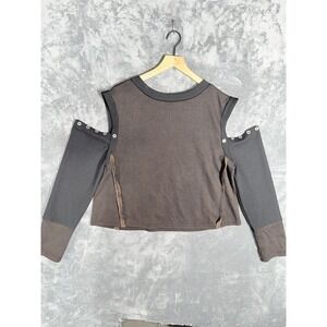 POL Womens Cold Shoulder Cropped Long Sleeve Top L Brown Black Button Ribbed
